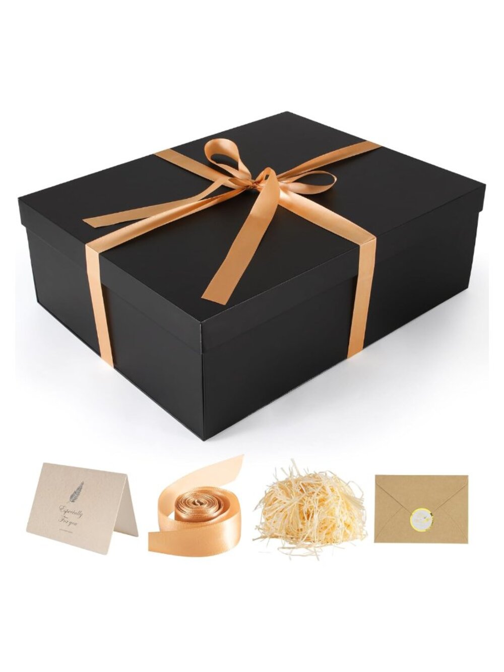 Large Gift Box with Lid 16.5x13x5.5 Cardboard Includes Ribbon Card Filler